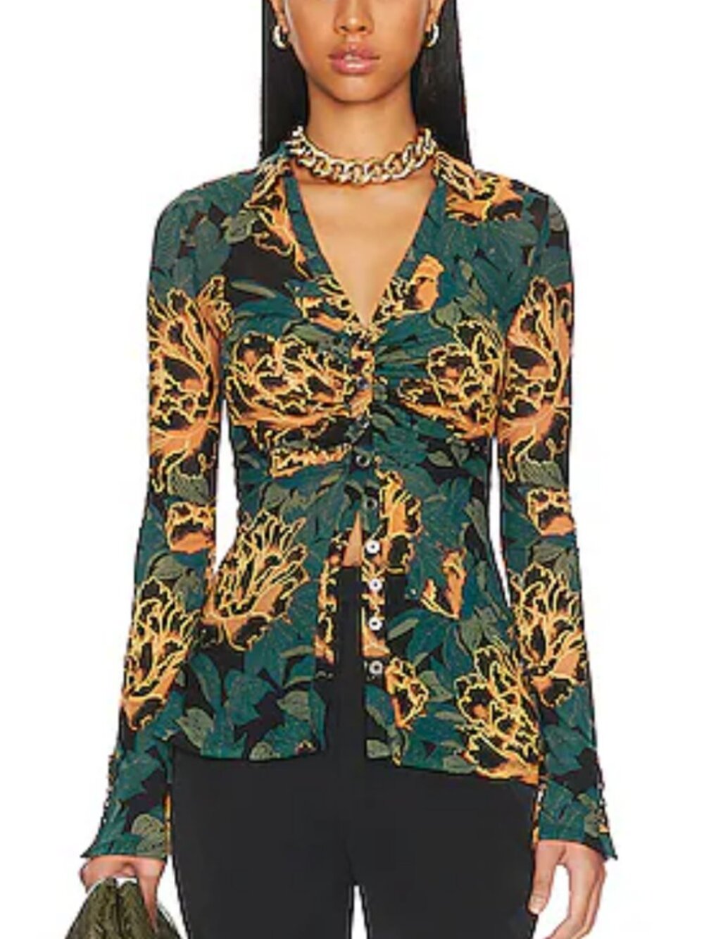 🌟 FREE PEOPLE 🌟 FLORAL LUCKY SHIRTEE BUTTON FRONT MESH BLOUSE GREEN SZ L